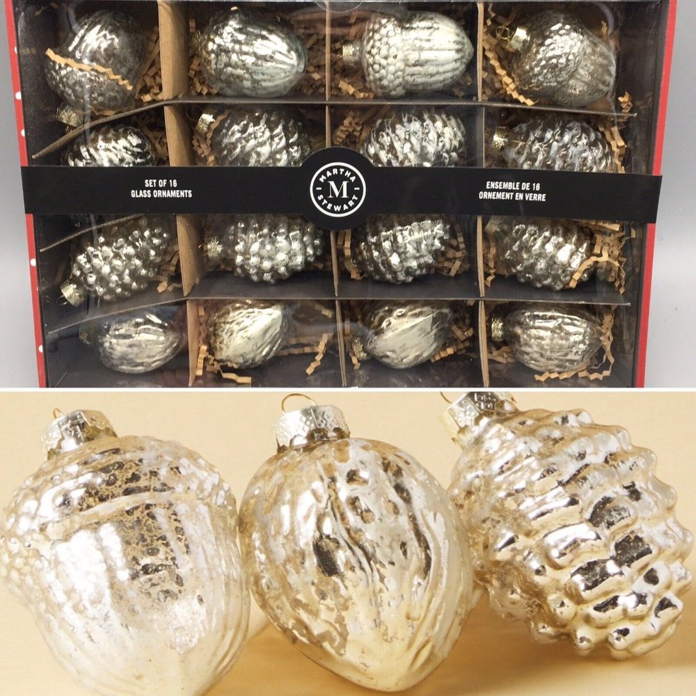 16pc Martha Stewart Silver Mercury Glass Pinecone Acorn Ornament Set Frosted NEW